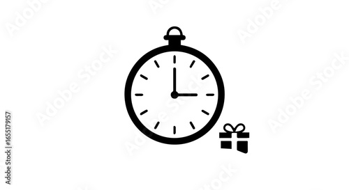 Simple black line icon of a round clock and a gift box symbolizing a timed event or special offer.