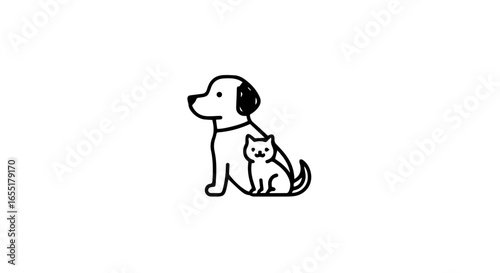 Simple black outline drawing of a friendly dog and cat sitting together a minimalist pet icon.