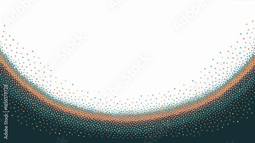 Abstract background with a curved pattern of multicolored dots on a white and dark teal background