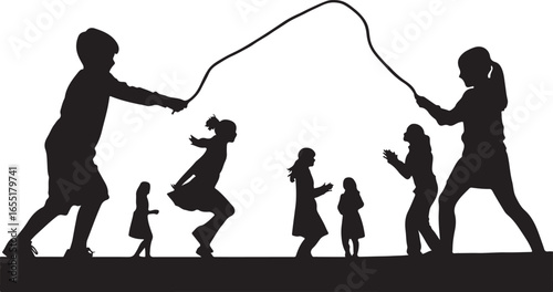 Children playing jump rope together outdoors kids skipping