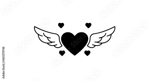 Simple black silhouette of a heart with outlined angel wings surrounded by four smaller hearts.