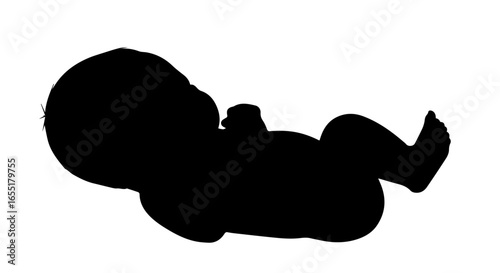 Simple black silhouette of a newborn baby lying peacefully on its back in a classic infant pose.