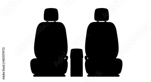 Simple black silhouette of two front car seats and a center console front view.
