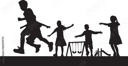 Children playing on playground equipment swings slide