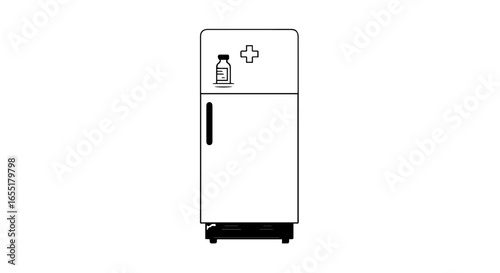 Simple line art icon of a medical refrigerator with a vaccine vial and a cross symbol for pharmaceutical storage.