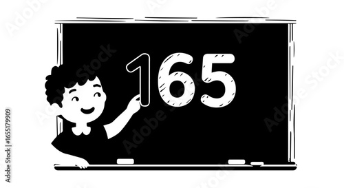 Smiling cartoon boy pointing to the number 165 on a handdrawn blackboard.