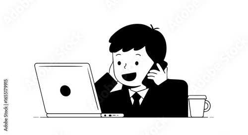 Smiling cartoon businessman in a suit talking on the phone while working on his laptop at a desk.