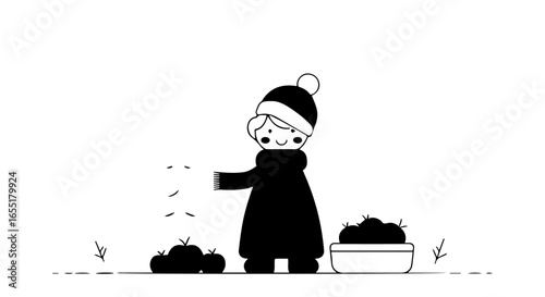 Smiling cartoon character in a winter coat and pompom hat throwing something minimalist black and white illustration.
