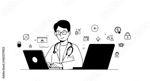 Smiling doctor in a lab coat with a stethoscope working on a laptop surrounded by technology and security icons.