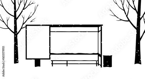 Snowy bus stop shelter with blank ad panel and bare trees a minimalist winter scene.