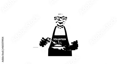 Smiling senior volunteer in a black apron and oven mitts serving a hot meal a stencil style graphic.