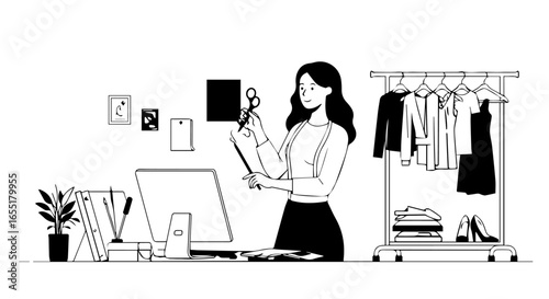 Smiling fashion designer holding scissors in a minimalist black and white line art studio scene.