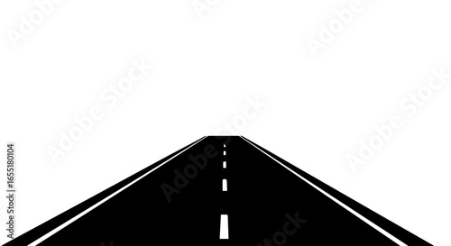 Straight black highway with white markings receding into the distance in a minimalist perspective view.