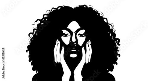 Striking black and white graphic of a woman with a large curly afro holding her face.