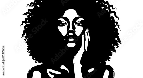 Striking black and white stencil portrait of a woman with a voluminous curly afro her hand gently resting on her cheek.
