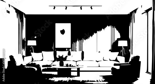 Stylish modern living room interior depicted in a bold highcontrast black and white graphic style.