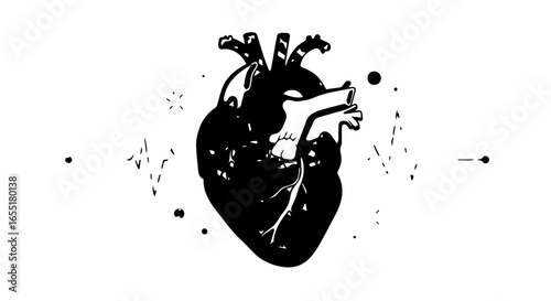 Stylized anatomical human heart in a bold black and white graphic illustration with EKG pulse.