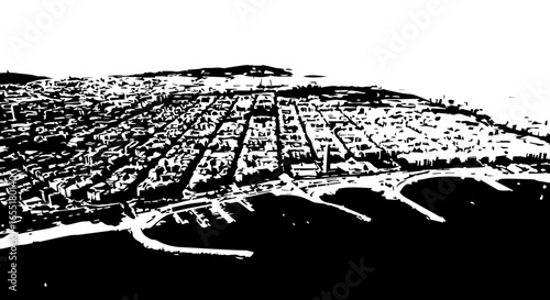 Stylized black and white aerial illustration of a coastal city with a harbor.