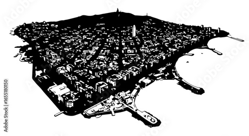Stylized black and white aerial illustration of a dense coastal city with a prominent harbor.