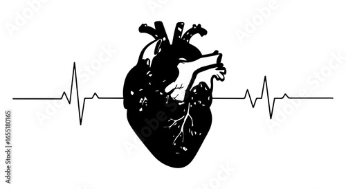 Stylized black and white anatomical heart illustration with an integrated EKG heartbeat line.