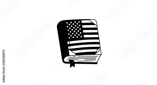 Stylized black and white book with an American flag cover worn corners and a ribbon bookmark.