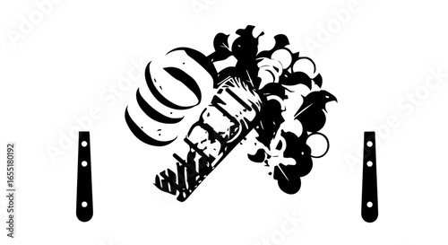 Stylized black and white cornucopia overflowing with harvest bounty and a symbolic eagle head.