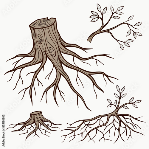 Various brown tree or shrub roots. Parts of plant, root system with tree stump. Dendrology, study of woody plants. Sketch drawing. Vector illustration