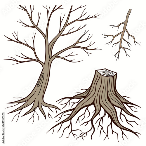 Various brown tree or shrub roots. Parts of plant, root system with tree stump. Dendrology, study of woody plants. Sketch drawing. Vector illustration