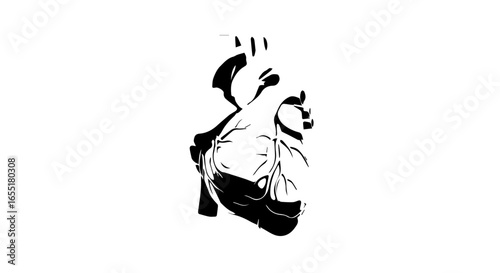 Stylized black and white graphic illustration of an anatomical human heart with bold highcontrast lines.