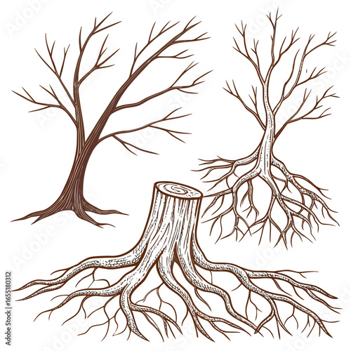 Various brown tree or shrub roots. Parts of plant, root system with tree stump. Dendrology, study of woody plants. Sketch drawing. Vector illustration