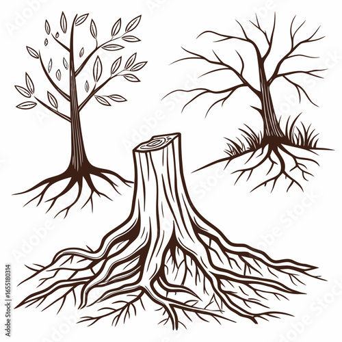 Various brown tree or shrub roots. Parts of plant, root system with tree stump. Dendrology, study of woody plants. Sketch drawing. Vector illustration