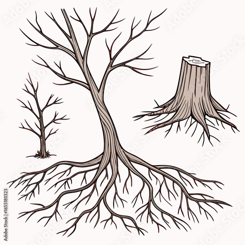 Various brown tree or shrub roots. Parts of plant, root system with tree stump. Dendrology, study of woody plants. Sketch drawing. Vector illustration