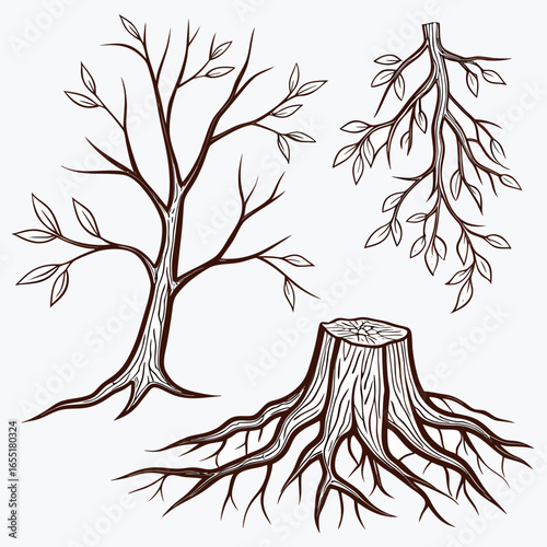Various brown tree or shrub roots. Parts of plant, root system with tree stump. Dendrology, study of woody plants. Sketch drawing. Vector illustration