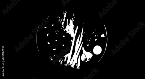 Stylized black and white graphic illustration of fresh garlic scallions and herbs.