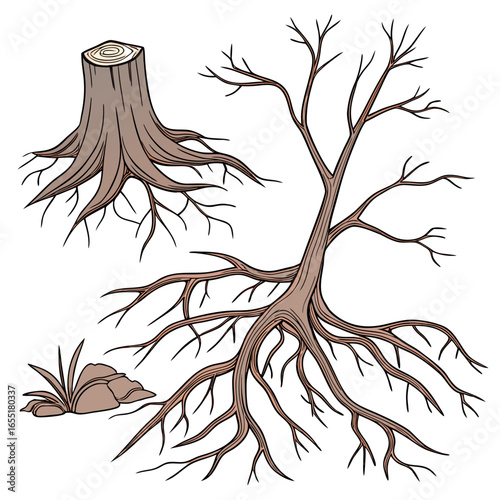 Various brown tree or shrub roots. Parts of plant, root system with tree stump. Dendrology, study of woody plants. Sketch drawing. Vector illustration