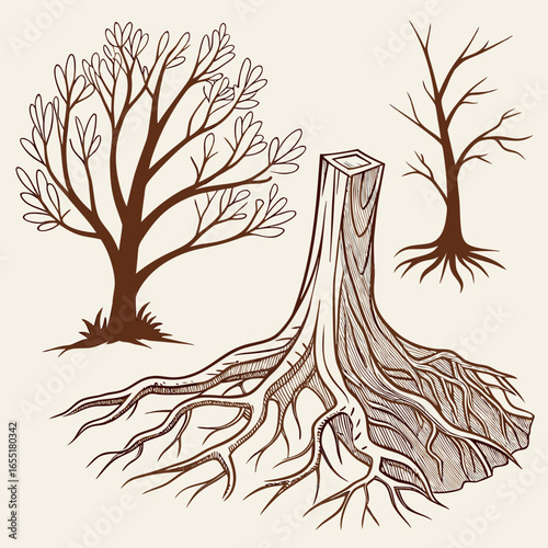 Various brown tree or shrub roots. Parts of plant, root system with tree stump. Dendrology, study of woody plants. Sketch drawing. Vector illustration