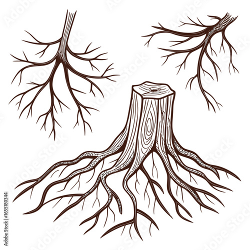 Various brown tree or shrub roots. Parts of plant, root system with tree stump. Dendrology, study of woody plants. Sketch drawing. Vector illustration