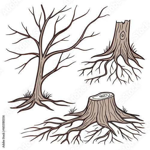 Various brown tree or shrub roots. Parts of plant, root system with tree stump. Dendrology, study of woody plants. Sketch drawing. Vector illustration