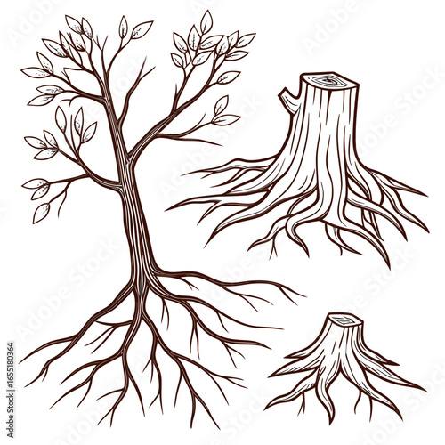 Various brown tree or shrub roots. Parts of plant, root system with tree stump. Dendrology, study of woody plants. Sketch drawing. Vector illustration