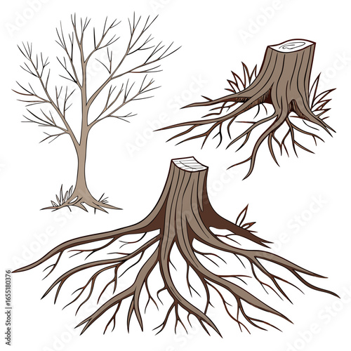 Various brown tree or shrub roots. Parts of plant, root system with tree stump. Dendrology, study of woody plants. Sketch drawing. Vector illustration