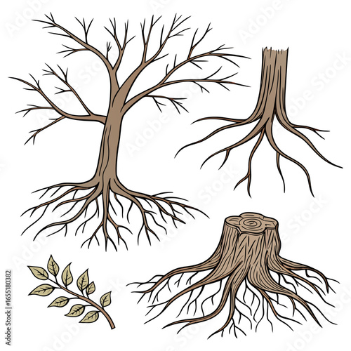 Various brown tree or shrub roots. Parts of plant, root system with tree stump. Dendrology, study of woody plants. Sketch drawing. Vector illustration