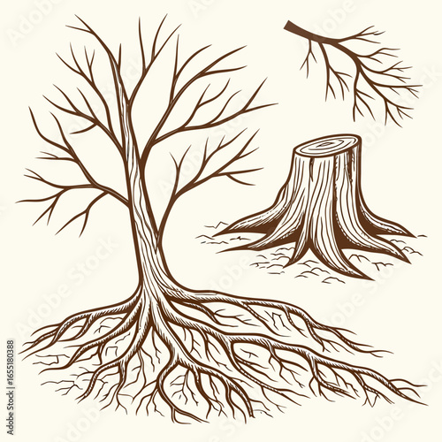 Various brown tree or shrub roots. Parts of plant, root system with tree stump. Dendrology, study of woody plants. Sketch drawing. Vector illustration