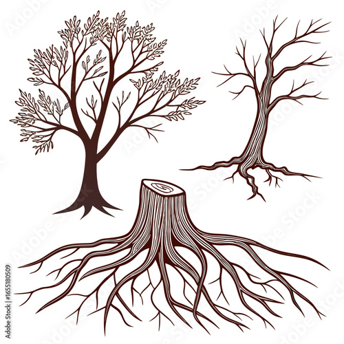 Various brown tree or shrub roots. Parts of plant, root system with tree stump. Dendrology, study of woody plants. Sketch drawing. Vector illustration