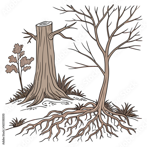 Various brown tree or shrub roots. Parts of plant, root system with tree stump. Dendrology, study of woody plants. Sketch drawing. Vector illustration