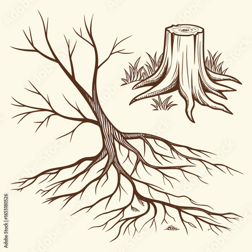 Various brown tree or shrub roots. Parts of plant, root system with tree stump. Dendrology, study of woody plants. Sketch drawing. Vector illustration