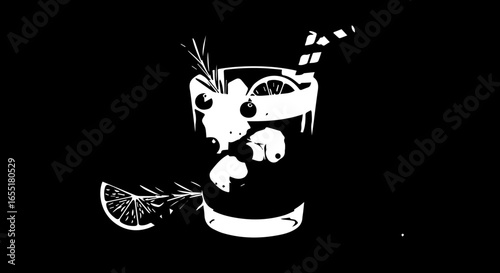 Stylized black and white graphic of a cocktail with ice citrus berries and rosemary.