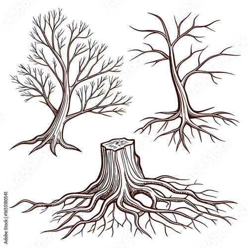 Various brown tree or shrub roots. Parts of plant, root system with tree stump. Dendrology, study of woody plants. Sketch drawing. Vector illustration
