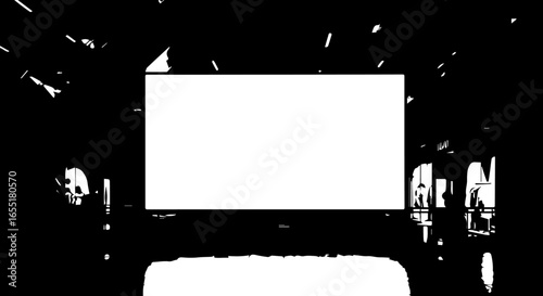 Stylized black and white graphic of a dark modern interior with a large blank central billboard.