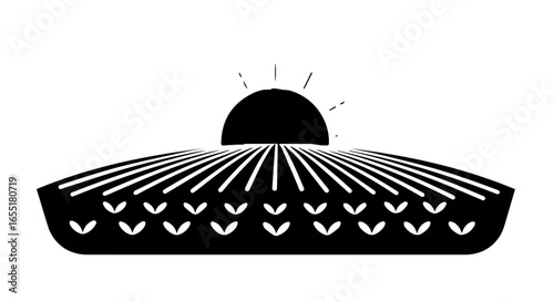 Stylized black and white graphic of a rising sun over a cultivated agricultural field with rows of crops.