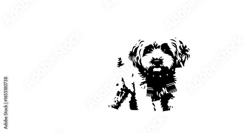 Stylized black and white graphic of a shaggy fluffy dog wearing a fringed winter scarf.